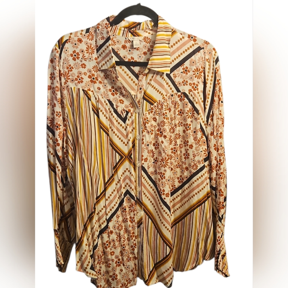 Cato Orange and Yellow Patterned Button Down Shirt